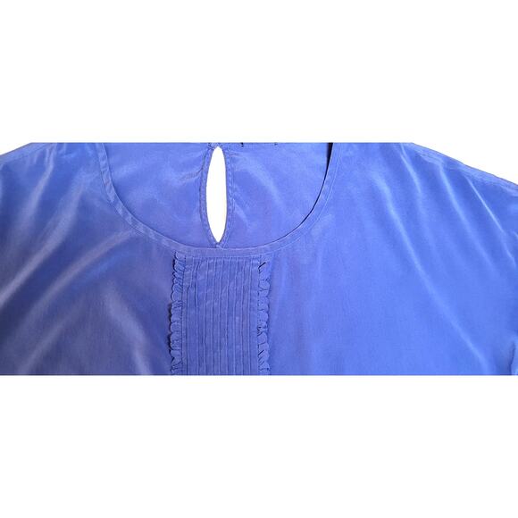 Womens Elevated Blue Silk Short Sleeve Top Blouse Sz L Lace Ruffles Detailing - Picture 7 of 11